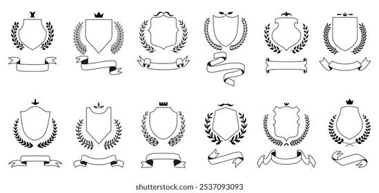 Coroa de louro heráldica. Coroas de oliva com escudos e fitas. Elementos decorativos ornamentais para convite, desenhos de cartões, conjunto de vetor neoteric