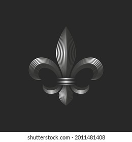 Heraldic lily decorative logo, 3d metallic gradient parallel lines, creative design fleur-de-lis linear French royalty symbol