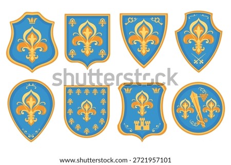 Heraldic lily emblems. Royal power symbol, different shapes shields, vintage arms coats, fleur de lis with crown, honor, nobility, medieval identity splendid vector isolated flat style isolated set