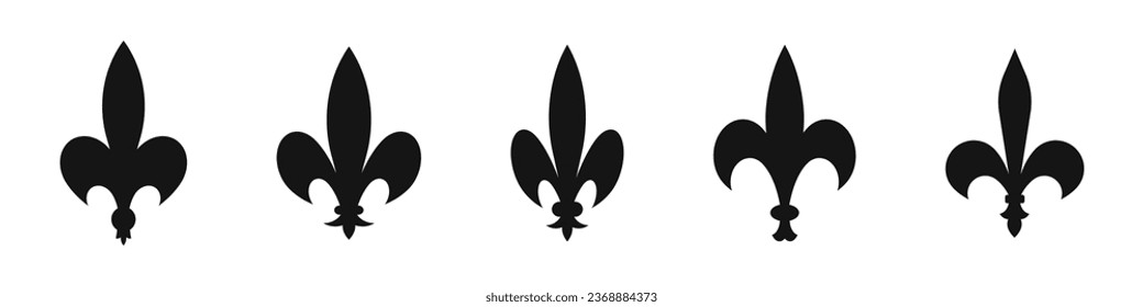 Heraldic lily icons. Fleur-De-Lis icons. Fleur de lis silhouettes. Silhouette style vector icons.