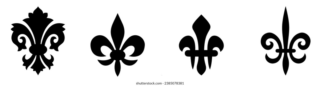 Heraldic lily icons. Fleur-De-Lis icons. Fleur de lis silhouettes. Silhouette style vector icons