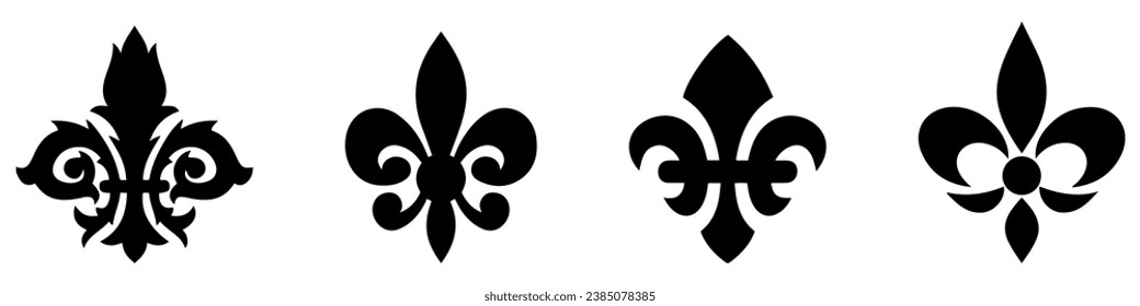 Heraldic lily icons. Fleur-De-Lis icons. Fleur de lis silhouettes. Silhouette style vector icons