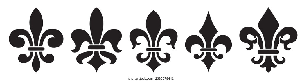 Iconos de lirio heráldico. Iconos Fleur-De-Lis. Silhouettes de flores de lis. Iconos vectoriales de estilo de silueta