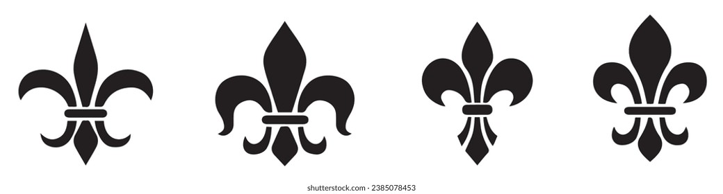 Heraldic lily icons. Fleur-De-Lis icons. Fleur de lis silhouettes. Silhouette style vector icons