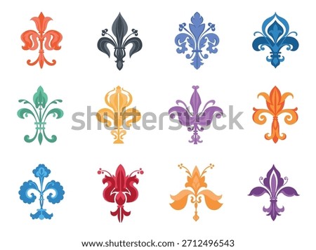 Heraldic lily. Medieval decorations, fleur de lis, antique french emblem, flower colorful ornament, middle age royal symbol, power, honor symbol, logo and badge graphic, splendid vector isolated set