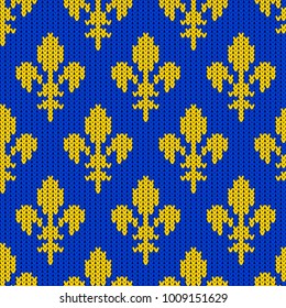 Heraldic lily on a seamless vector woolen pattern. Knitted woolen pattern with bourbon lilies. Classic royal lilies on a blue background