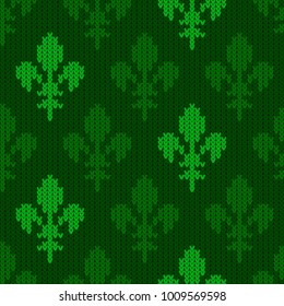 Heraldic lily on a seamless vector woolen pattern. Knitted woolen pattern with bourbon lilies. Flower-de-luce of green tones