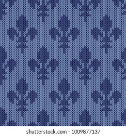 Heraldic lily on a seamless vector woolen pattern. Knitted woolen pattern with bourbon lilies. Lily of French House of Bourbon on a vintage blue background