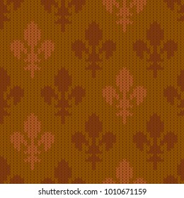 Heraldic lily on a seamless vector woolen pattern. Knitted woolen pattern with bourbon lilies. Fleur-de-lis in mustard vintage style