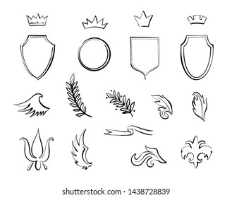 Heraldic line elements set. Black line sketch royal crown, shield, floral leaves, wings elements. Vector vintage logo decorations