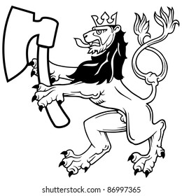 Heraldic Lion with Axe - black and white illustration, vector