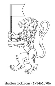 Heraldic lion. Black and white drawing. The lion is holding a flag