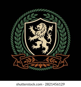 A heraldic lion emblem featuring a shield and laurel wreath