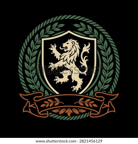 A heraldic lion emblem featuring a shield and laurel wreath