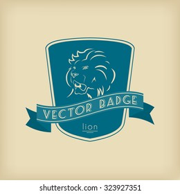 Heraldic lion emblem with shield and ribbon. Vector badge template