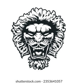 Heraldic lion head black and white vector art isolated on white background. Clean and crisp graphic of roaring lion face with sharp lines and intricate details. Classic vintage style design element.