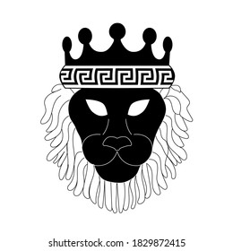 Heraldic lion head with crown and fluffy mane isolated black-white. Template for tattoo or prestigious logo