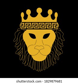 Heraldic lion head with crown and fluffy mane isolated gold. Template for tattoo or prestigious logo