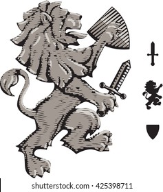 The heraldic lion holds a board and a sword in hand. A vector illustration objects are isolated and grouped on a transparent background.