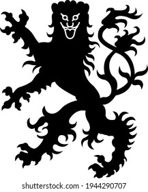 Heraldic lion illustration. Black white silhouette