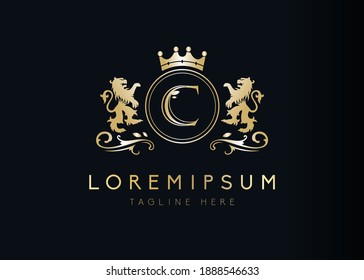 Heraldischer Löwe Anfangsbuchstabe C Logo Design. Vektorgrafik des luxuriösen königlichen C-Briefes mit Blumendesign, Kronen und Löwenmarken. Symbol-Symbol-Vorlage signieren