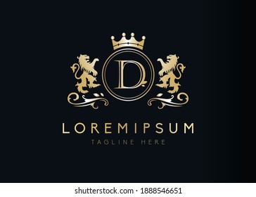 Heraldic lion initial letter D logo design. Vector illustration of luxury royal D letter with floral, crown and lion emblem design. Sign symbol icon template