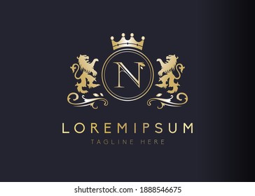 Heraldic lion initial letter N logo design. Vector illustration of luxury royal N letter with floral, crown and lion emblem design. Sign symbol icon template