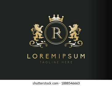 Letras iniciales de león heráldico Diseño del logo R. Ilustración vectorial de la lujosa letra R real con diseño floral, corona y emblema de león. Firmar la plantilla de icono de símbolo