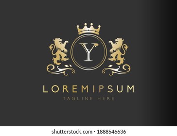 Heraldic lion initial letter Y logo design. Vector illustration of luxury royal Y letter with floral, crown and lion emblem design. Sign symbol icon template