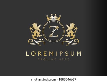 Heraldic lion initial letter Z logo design. Vector illustration of luxury royal Z letter with floral, crown and lion emblem design. Sign symbol icon template
