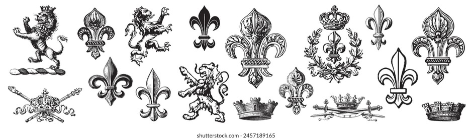 Heraldic Lion. Medieval coat of arms. Lys De Fleur. Crest depicting a lion's flank supporters shield. Knights helmet design. Vintage retro style. Engraving Royalty Emblem. Heraldy King Icon	