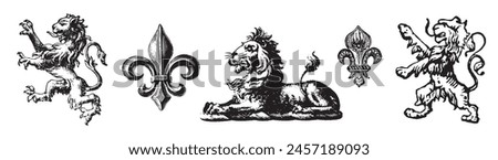 Heraldic Lion. Medieval coat of arms. Lys De Fleur. Crest depicting a lion's flank supporters shield. Knights helmet design. Vintage retro style. Engraving Royalty Emblem. Heraldy King Icon	