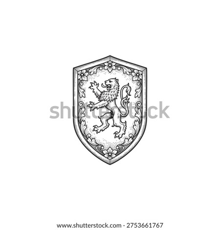 Heraldic lion rampant on shield with floral border, vintage emblem illustration, regal crest design