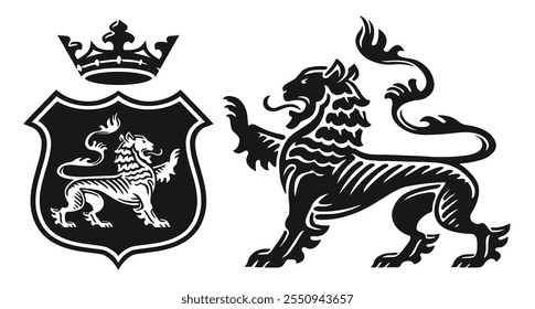 León heráldico. Escudo de armas real con animal y corona