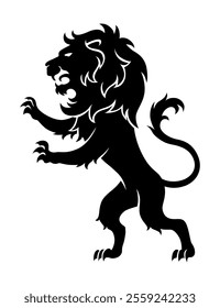 Heraldic lion silhouette. Black standing lion in flat style. Heraldic icon, symbol and design element isolated on white background. Vector illustration