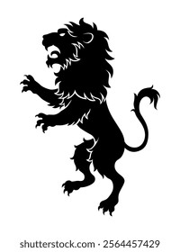 Heraldic lion silhouette. Black standing lion in flat style. Heraldic icon, symbol and design element isolated on white background. Vector illustration