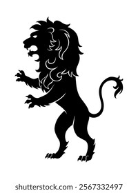 Heraldic lion silhouette. Black standing lion in flat style. Heraldic icon, symbol and design element isolated on white background. Vector illustration