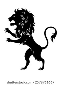 Heraldic lion silhouette. Black standing lion in flat style. Heraldic icon, symbol and design element isolated on white background. Vector illustration