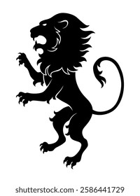 Heraldic lion silhouette. Black standing lion in flat style. Heraldic icon, symbol and design element isolated on white background. Vector illustration