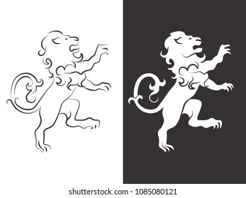 Heraldic lion vector. Line and silhouette lions for arms. Animal heraldic leo icon, royal insignia for shield illustration