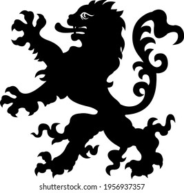 Heraldic lion vintage illustration. Black white silhouette