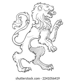 Heraldic lion walking on hind legs. Heraldic supporter a part of a Coat of Arms. Black linear drawing isolated on white background. EPS10 vector illustration.