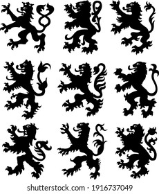 Heraldic lions black white silhouettes