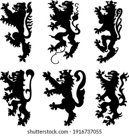 Heraldic lions black white silhouettes