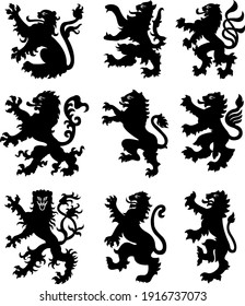 Heraldic lions black white silhouettes