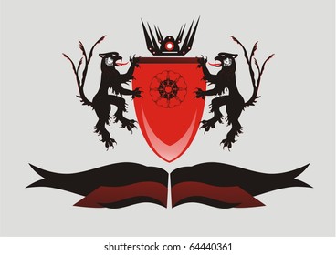 Heraldic lions with a shield