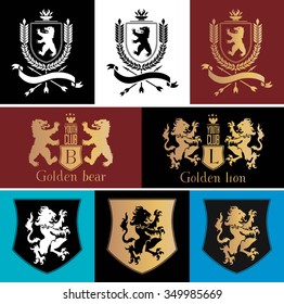 Heraldic logo badge design element. Vintage, Crests logo . Vintage old style logo icon template. Bear, lion logo. Retro old style shield icon. Royal lions, bears silhouettes set for heraldic design.