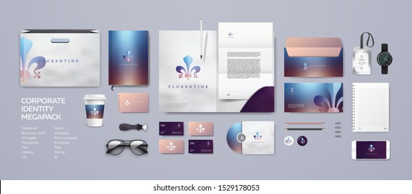 Heraldic logo corporate style with florentine lily. Stationery template set. Premium branding for prestigious company or bank. Digital and printing use. Elegant element on colorful background.