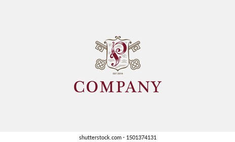 Heraldic logo and monogram with the letter P. coat of Arms symbolizing keys, scroll, shield, calligraphic letter.