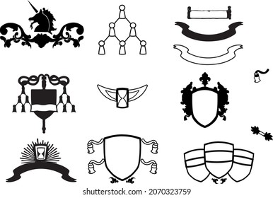 heraldic logo set with unicorns shields flowers for hotel or restaurant